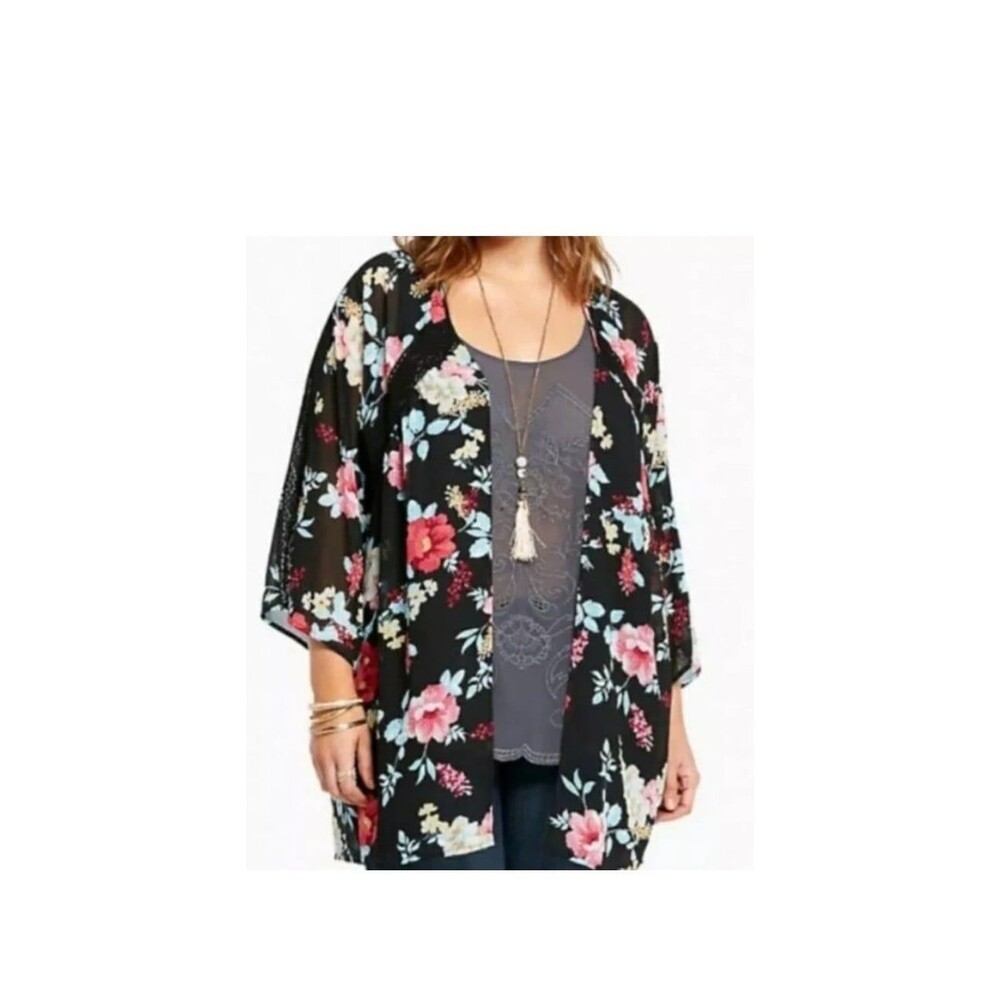 Torrid Floral Lace Trim Kimono chiffon size 2/3 Black Pink Cover up top